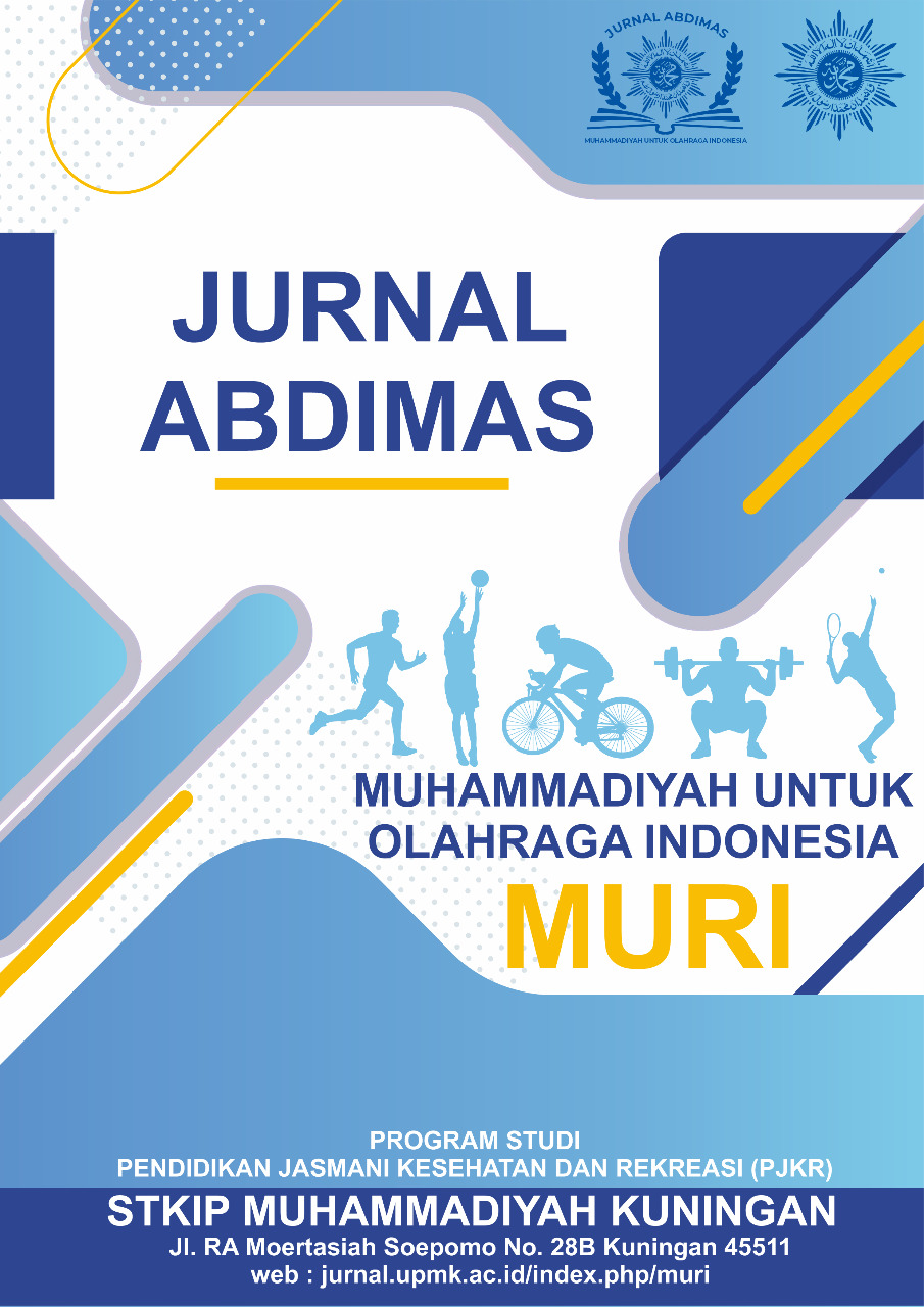 Jurnal Muhammadiyah Untuk Olahraga Indonesia (MURI): Journal of Community Service on Sports Studies, is a national scientific journal open to all learning and sports studies for innovation, creativity, and renewal.Jurnal Muhammadiyah Untuk Olahraga Indonesia (MURI): Journal of Community Service in Sports Studies is a journal published by the Department of Physical Education, Health and Recreation, STKIP Muhammadiyah Kuningan. The purpose of this journal is to facilitate scientific publications which are the results of research conducted by students, teachers, academics and researchers.Jurnal Muhammadiyah Untuk Olahraga Indonesia (MURI): The Journal of Community Service on Sports Studies is published every January and July by publishing research results in the fields of sports development, sports surveys, sports provision and socialization of sports.